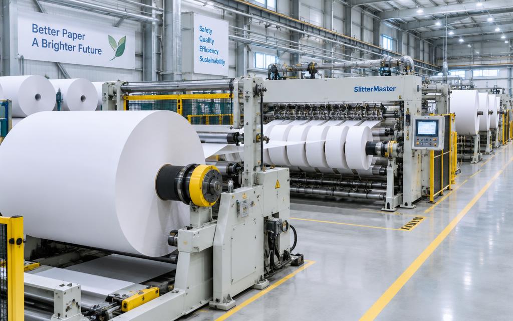 Máy xeo giấy và máy cắt cuộn tốc độ cao trong nhà máy giấy