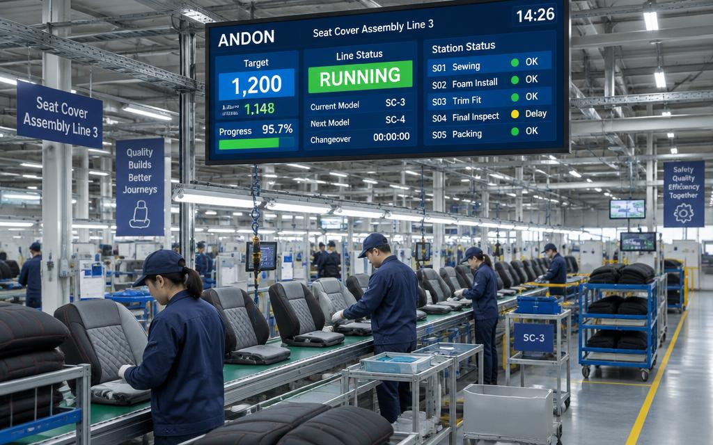 Dây chuyền ghế ô tô với bảng ANDON trong nhà máy