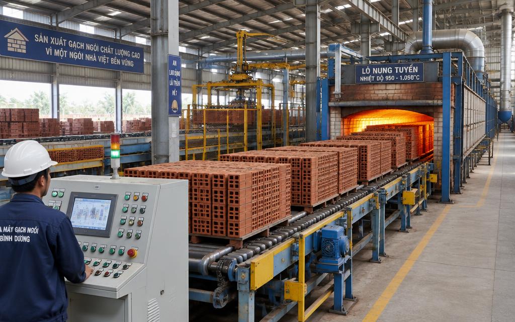 Dây chuyền sản xuất gạch ceramic tự động với tủ điều khiển và lò nung