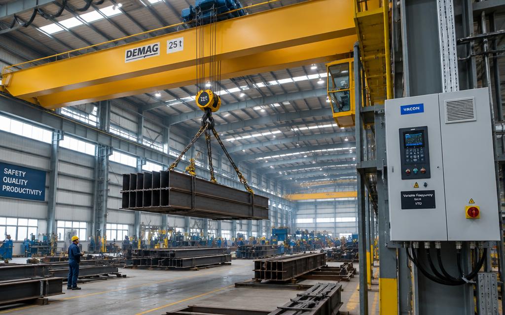 Cầu trục nâng tải trong xưởng với tủ điều khiển biến tần